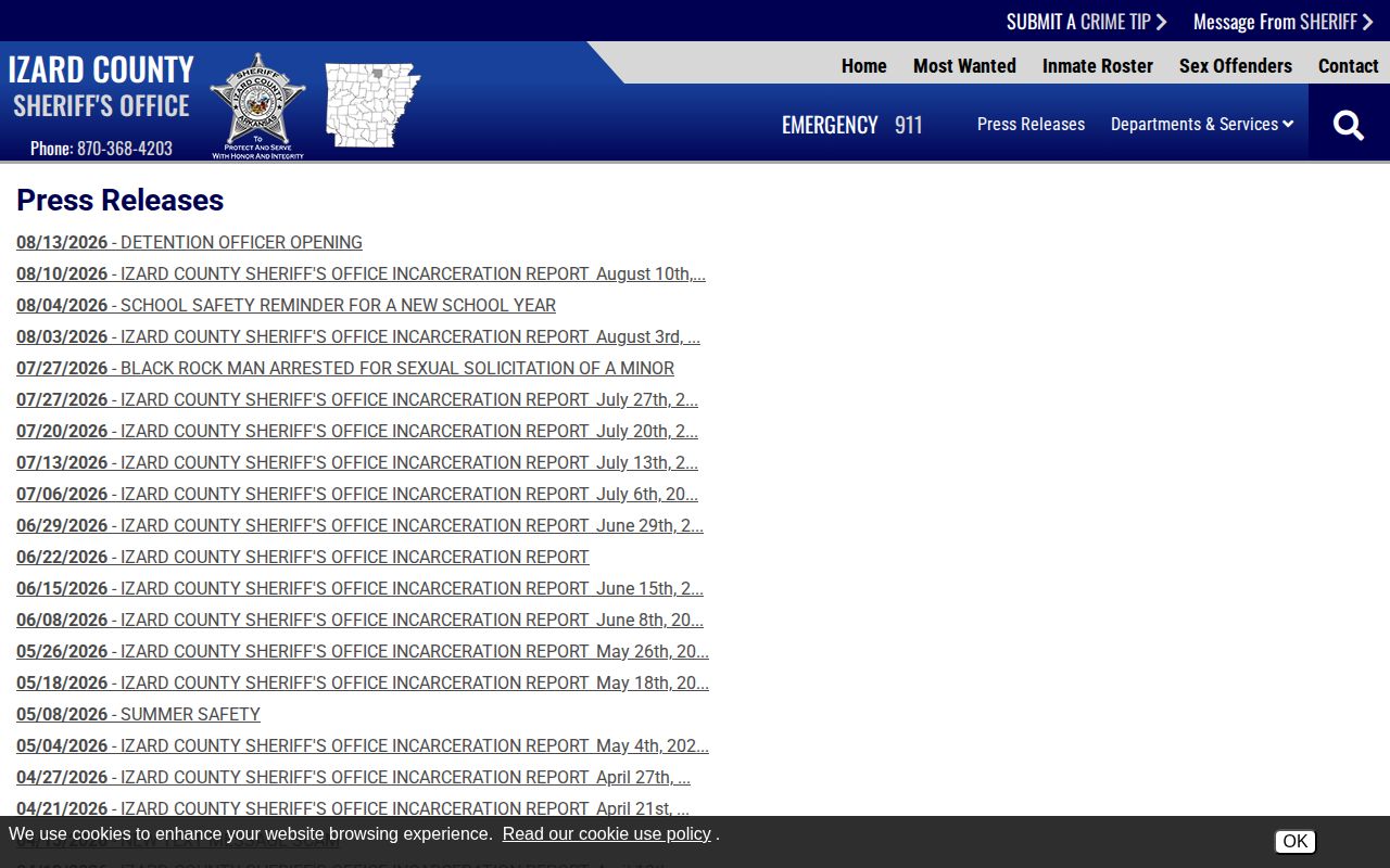 Izard County official crime news and incarceration-report archive