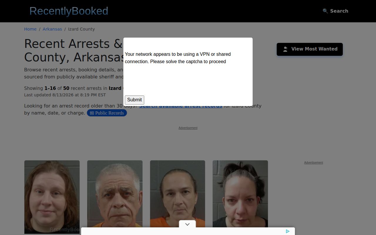 Unofficial RecentlyBooked Izard County mugshot news interface