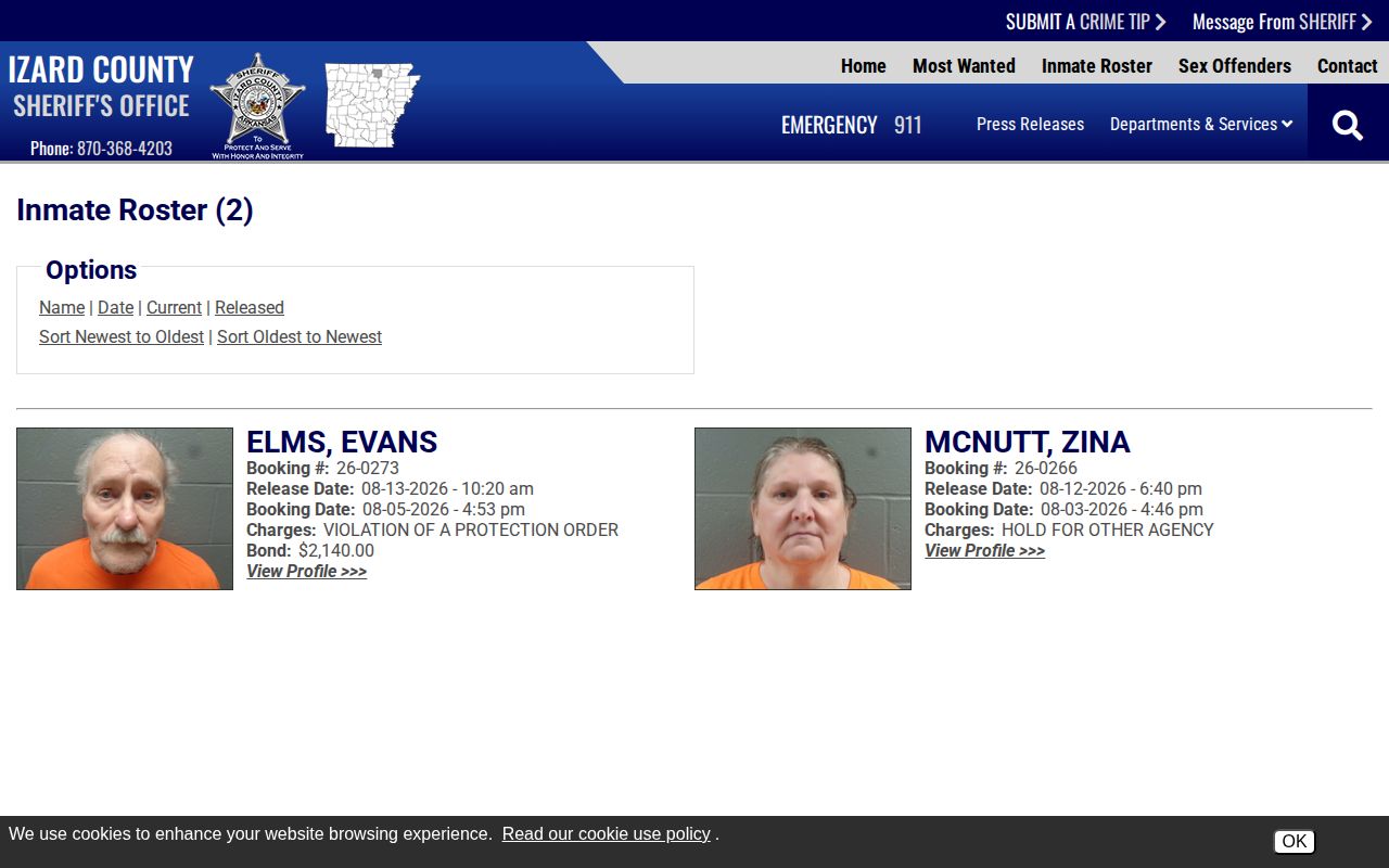 Izard County 48-hour jail release records interface