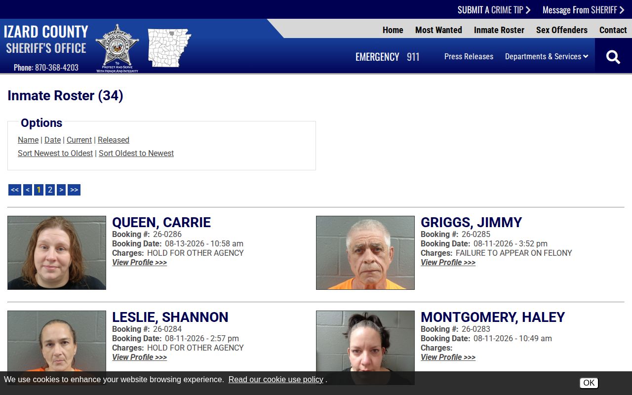 Izard County current jail booking records roster interface