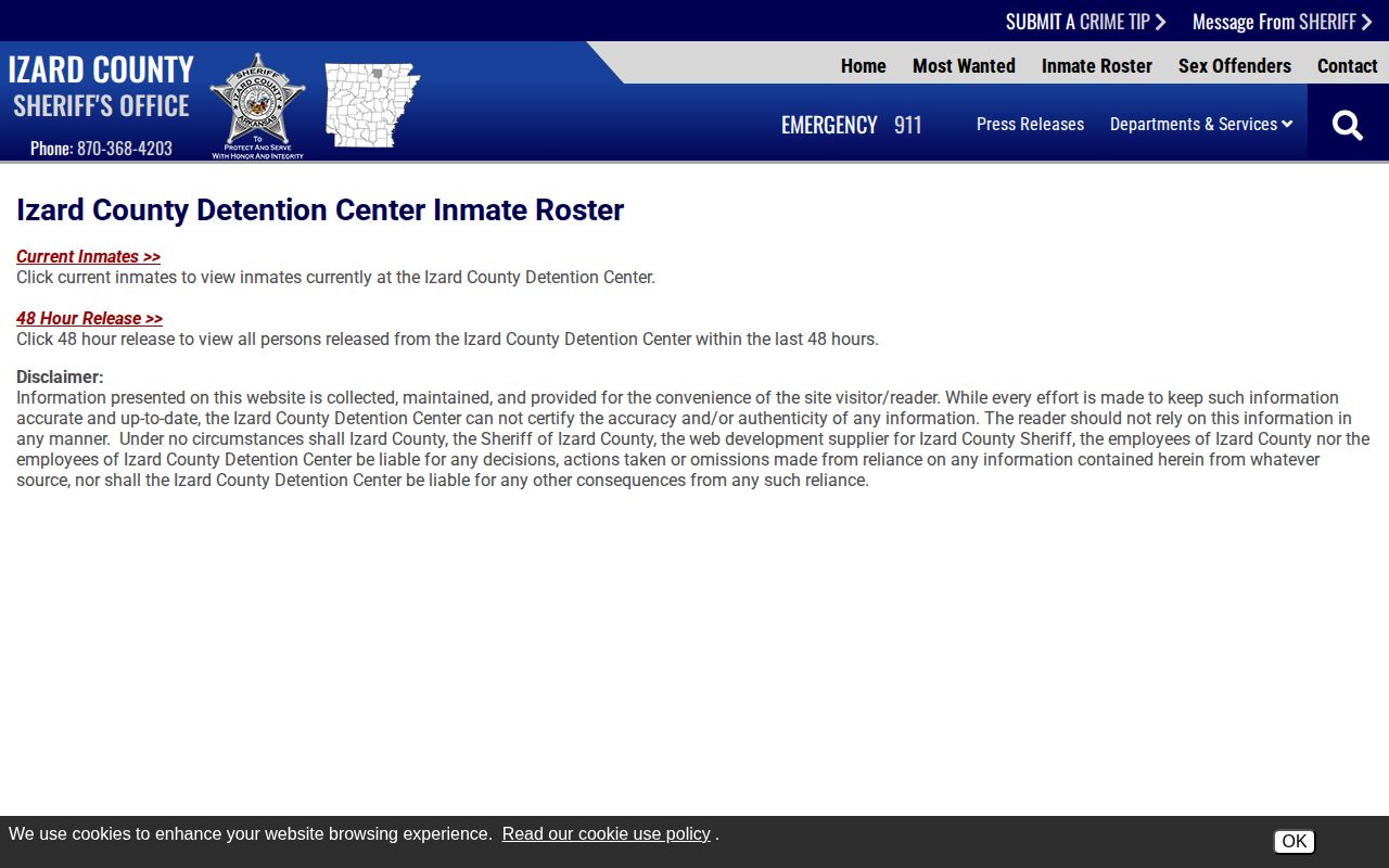 Izard County official jail roster and release record chooser