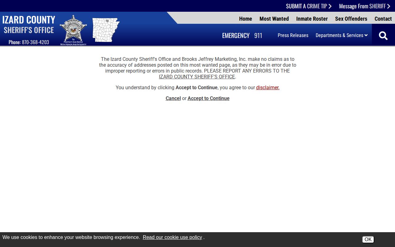 Izard County wanted-list accuracy disclaimer for warrant records