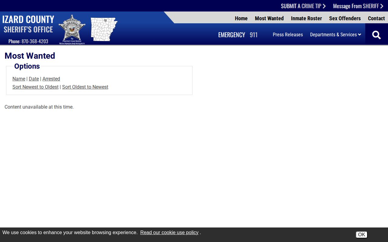 Izard County Sheriff's Most Wanted official warrant-list interface